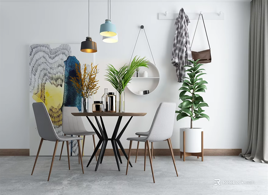 Modern Dining Table Set With Chairs Pendant Lights Green Plants And Decorative Elements 3d model
