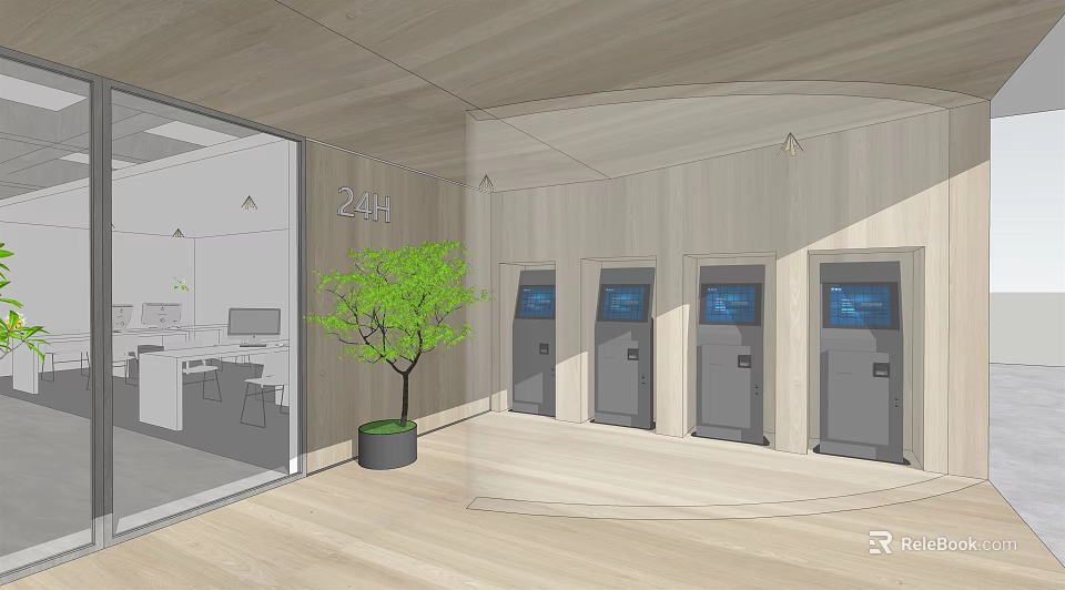 24h Self Service Kiosk Area Featuring Wooden Walls Flooring And Green Plant 3d model 