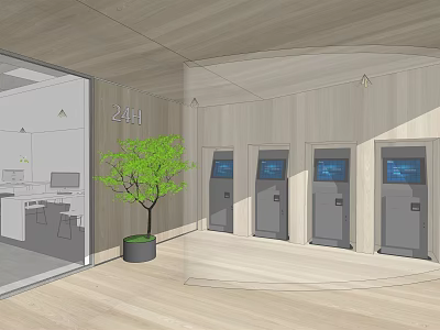 24h Self Service Kiosk Area Featuring Wooden Walls Flooring And Green Plant 3d model