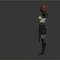 Woman With Bald Head In Blue And Gold Patterned Outfit Holding Sword With Arms Outstretched