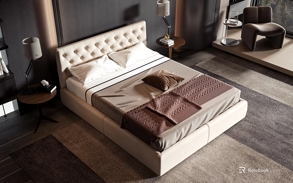 Modern Beige Double Bed With Upholstered Headboard And Nightstand Lamps In Cozy Bedroom 3d model 