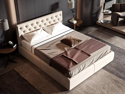 Modern Beige Double Bed With Upholstered Headboard And Nightstand Lamps In Cozy Bedroom 3d model