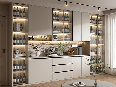 Modern Wine Cabinet With Glass Doors LED Lighting Wine Bottles Countertop And Potted Plant 3d model