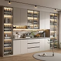 Modern Wine Cabinet With Glass Doors LED Lighting Wine Bottles Countertop And Potted Plant