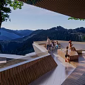 Garden Landscape Design With Lush Green Trees Stone Steps And People Resting