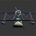 Cartoon Passenger Plane with Purple and Blue Biplane Wings and Decorative Propeller Design