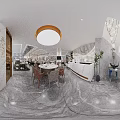 Elegant Restaurant Interior With Tableware Display Shelves Fresh Fruits Warm Lighting And Polished Countertops