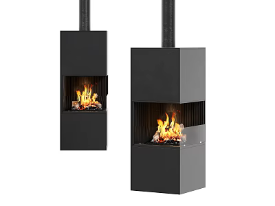 Modern Black Fireplace Interior With Stylish Designs And Burning Flames 3d model