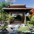 Scenic Traditional Garden Pavilion With Lotus Pond Waterfall Rocks And Lush Greenery Trees