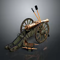 Antique Brass Cannon Featuring Large Wooden Wheels Carriage and Cleaning Brushes