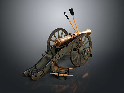 Antique Brass Cannon Featuring Large Wooden Wheels Carriage and Cleaning Brushes 3d model