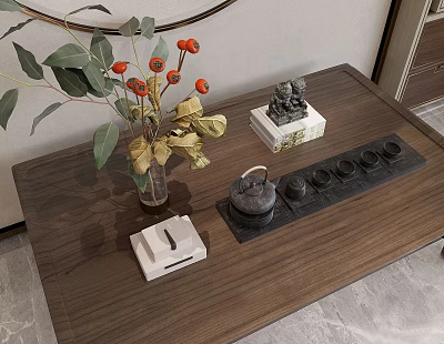 Elegant Tea Set On Wooden Coffee Table With Tea Tray Flower Vase And Decorations 3d model