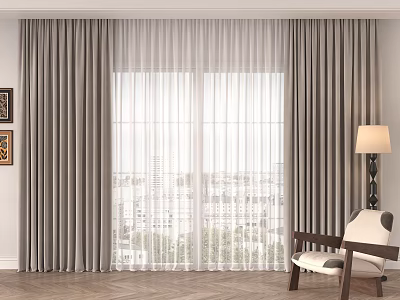 Gray Curtain With Sheer Panel For Window And Chair In Modern Living Interior 3d model
