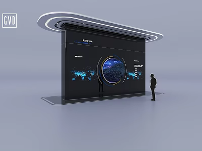 Modern Technology Exhibition Hall With Large Circular Interactive Display Screen And Visitor 3d model