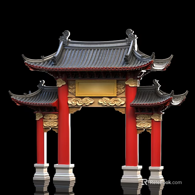 Traditional Chinese Sofa And Coffee Table Set With Red Pillars And Golden Carvings 3d model 