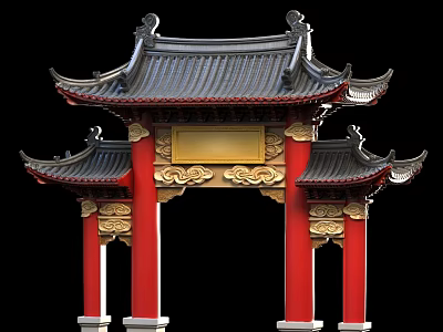 Traditional Chinese Sofa And Coffee Table Set With Red Pillars And Golden Carvings 3d model
