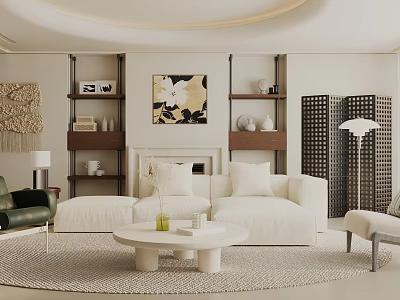 Modern Living Room Interior With White Sofa Round Coffee Table Fireplace Decorative Art And Bookshelves 3d model