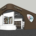 Contemporary Exhibition Booth Design With Arched Structure Brand Signage Display Cabinets And Poster