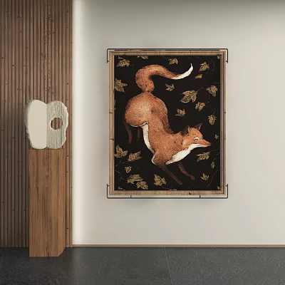 Decorative Brown and White Fox Animal Painting with Golden Leaves on Black Background Wall Art 3d model