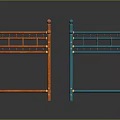 Orange And Blue Metal Shelving Units With Multiple Shelves And Decorative Top Finials