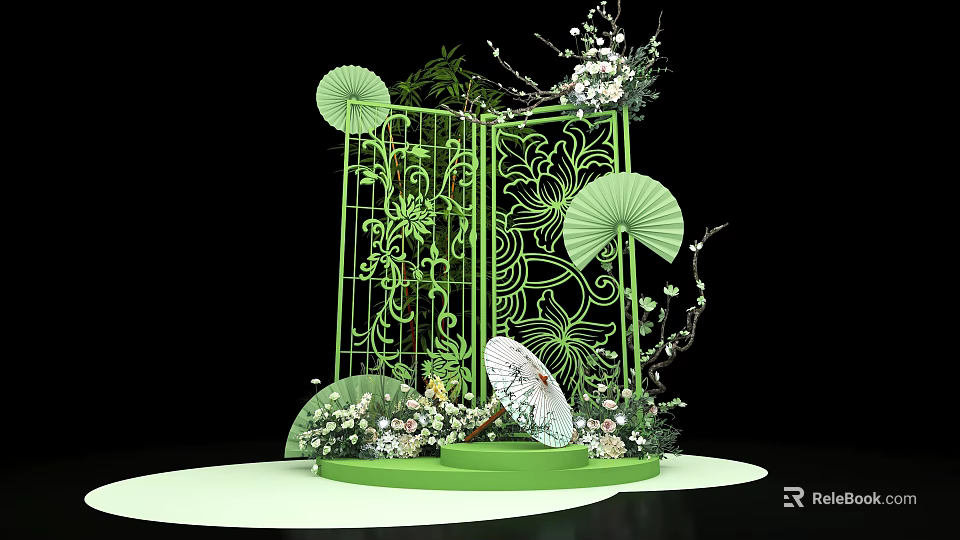 Floral Art Installation With Green Laser Cut Screen Green Fans And White Pink Flowers 3d model 