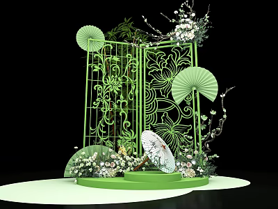 Floral Art Installation With Green Laser Cut Screen Green Fans And White Pink Flowers 3d model