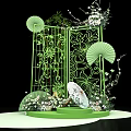 Floral Art Installation With Green Laser Cut Screen Green Fans And White Pink Flowers
