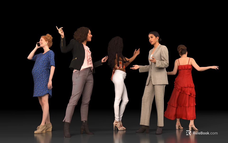 Group of Women in Different Fashionable Outfits Interacting on Black Background 3d model 