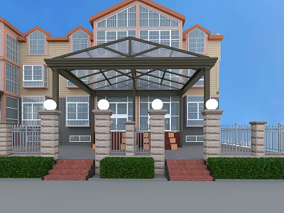 Glass Roof Canopy In Front of Building With Columns Steps and Greenery 3d model