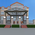 Glass Roof Canopy In Front of Building With Columns Steps and Greenery
