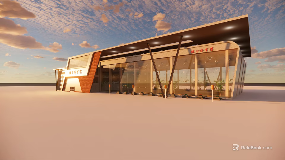 Modern Transportation Hub Building With Glass Facade 3d model 