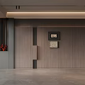 Minimalist Modern Sofa Backdrop Wall Featuring Wooden Panels Decorative Artworks Gray Cabinet And Red Ornaments