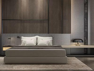 Modern Background Double Bed with Dark Wooden Headboard Bedside Tables and Gray Mattress 3d model
