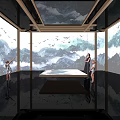 Immersive Art Space With Mountain Water Murals Flying Birds Central Long Table And Visitors
