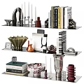 Modern Decorative Ornament Set with Geometric Sculptures Candlesticks Vases and Books on Display Shelf