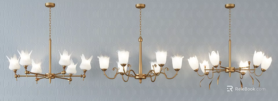 Brass Chandelier With Curved Arms And White Glass Shades For Modern Interior 3d model 