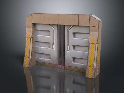 Sci Fi Industrial Scene Component Metal Door With Brick Frame Yellow Warning Stripes Horizontal Grooves 3d model