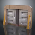 Sci Fi Industrial Scene Component Metal Door With Brick Frame Yellow Warning Stripes Horizontal Grooves