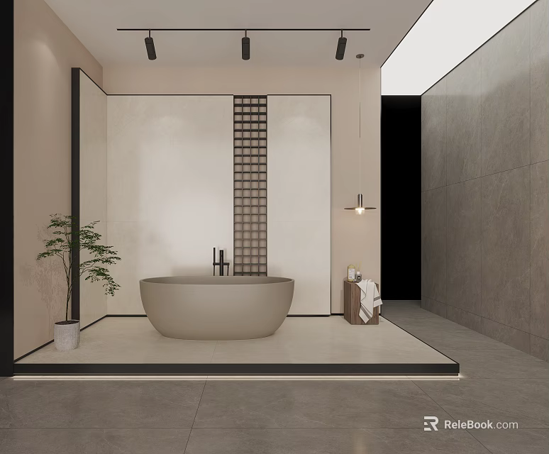 Modern Bathroom Interior With Freestanding Bathtub Ceramic Tile Wall And Potted Plant 3d model 