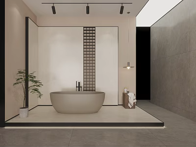 Modern Bathroom Interior With Freestanding Bathtub Ceramic Tile Wall And Potted Plant 3d model