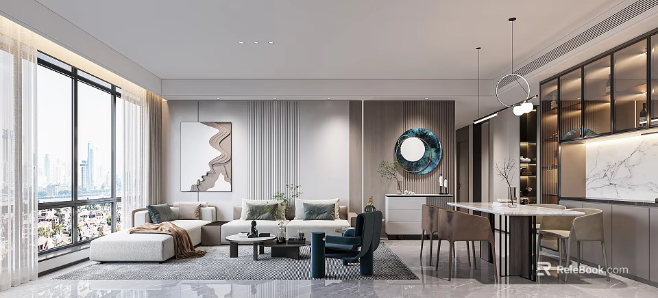 Modern Living Dining Room Interior With Sofa Dining Table Circular Mirror And Pendant Lights 3d model