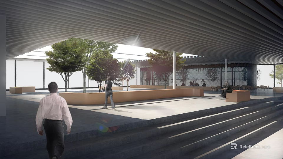 Modern Shaded Public Outdoor Space With Trees Benches And Pedestrians 3d model 