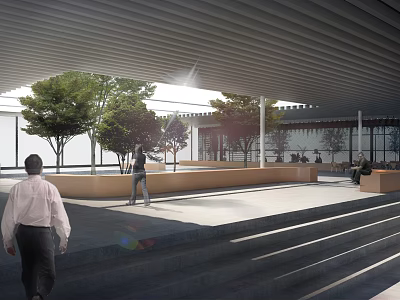 Modern Shaded Public Outdoor Space With Trees Benches And Pedestrians 3d model