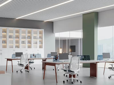 Modern Public Office Interior Design With Wooden Desks Ergonomic Chairs And Large Windows 3d model