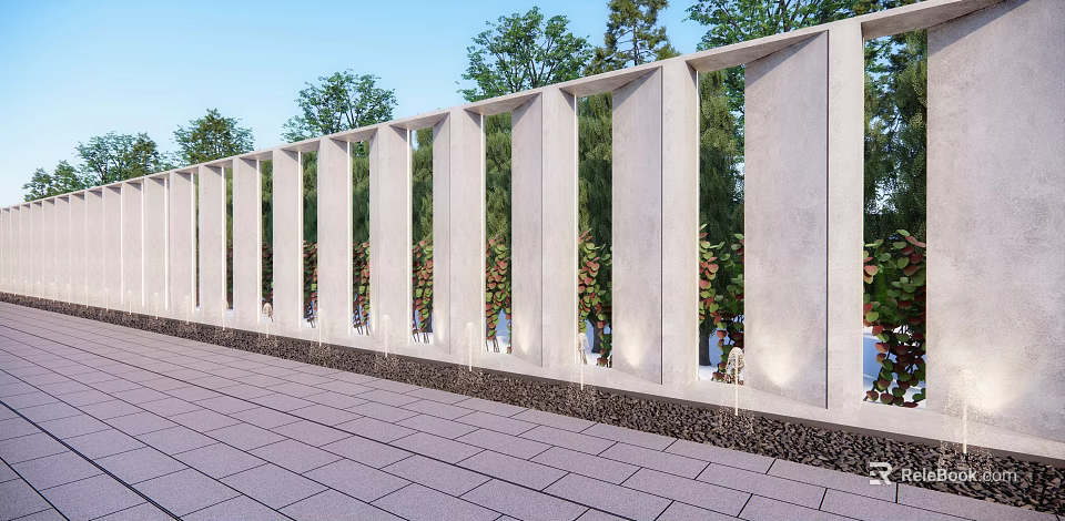 Modern White Scenic Wall With Vertical Concrete Slats Green Trees Red Plants And Paved Ground 3d model 