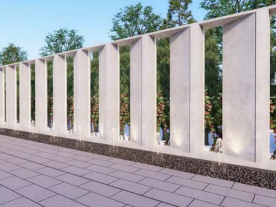 Modern White Scenic Wall With Vertical Concrete Slats Green Trees Red Plants And Paved Ground 3d model