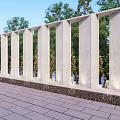Modern White Scenic Wall With Vertical Concrete Slats Green Trees Red Plants And Paved Ground
