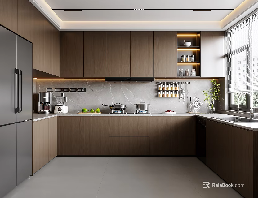 Modern Kitchen Interior With Dark Brown Cabinets Stainless Steel Refrigerator Countertop Natural Light And Appliances 3d model 