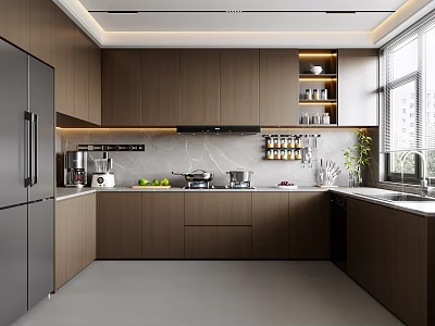 Modern Kitchen Interior With Dark Brown Cabinets Stainless Steel Refrigerator Countertop Natural Light And Appliances 3d model