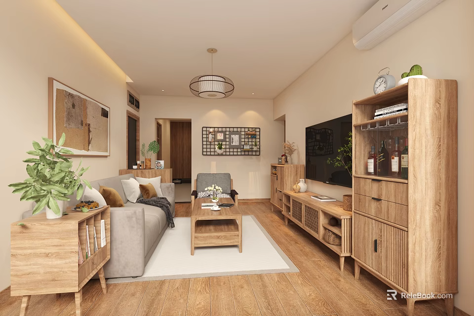 Modern Cozy Living Room With Light Wooden Furniture Grey Sofa Green Plants And Decorative Paintings 3d model 